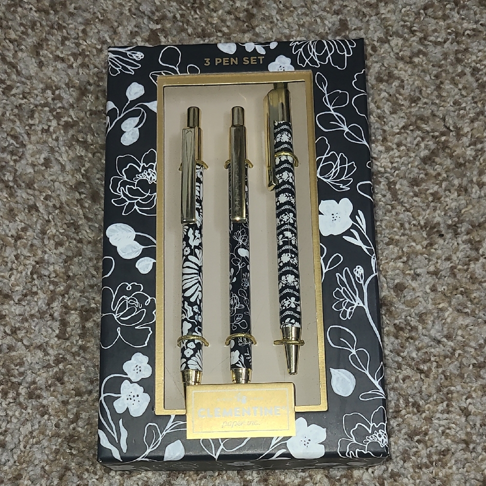 Clementine Black Floral 3-Piece Pen Set with Gold Accents